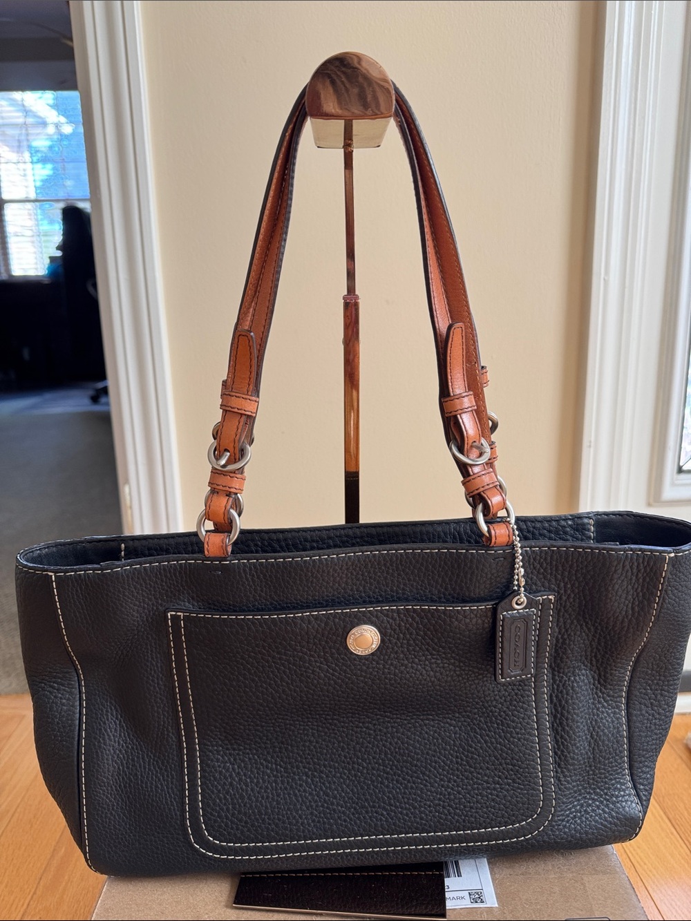 Vintage Coach Black Leather Shoulder Tote with Brown Handles - Picture 2 of 4